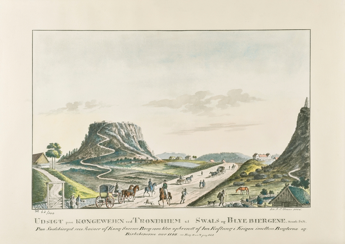 Utsikt over reisende på den gamle Kongeveien på Sverresborg som går mellom Svalsberget og Blyberget.