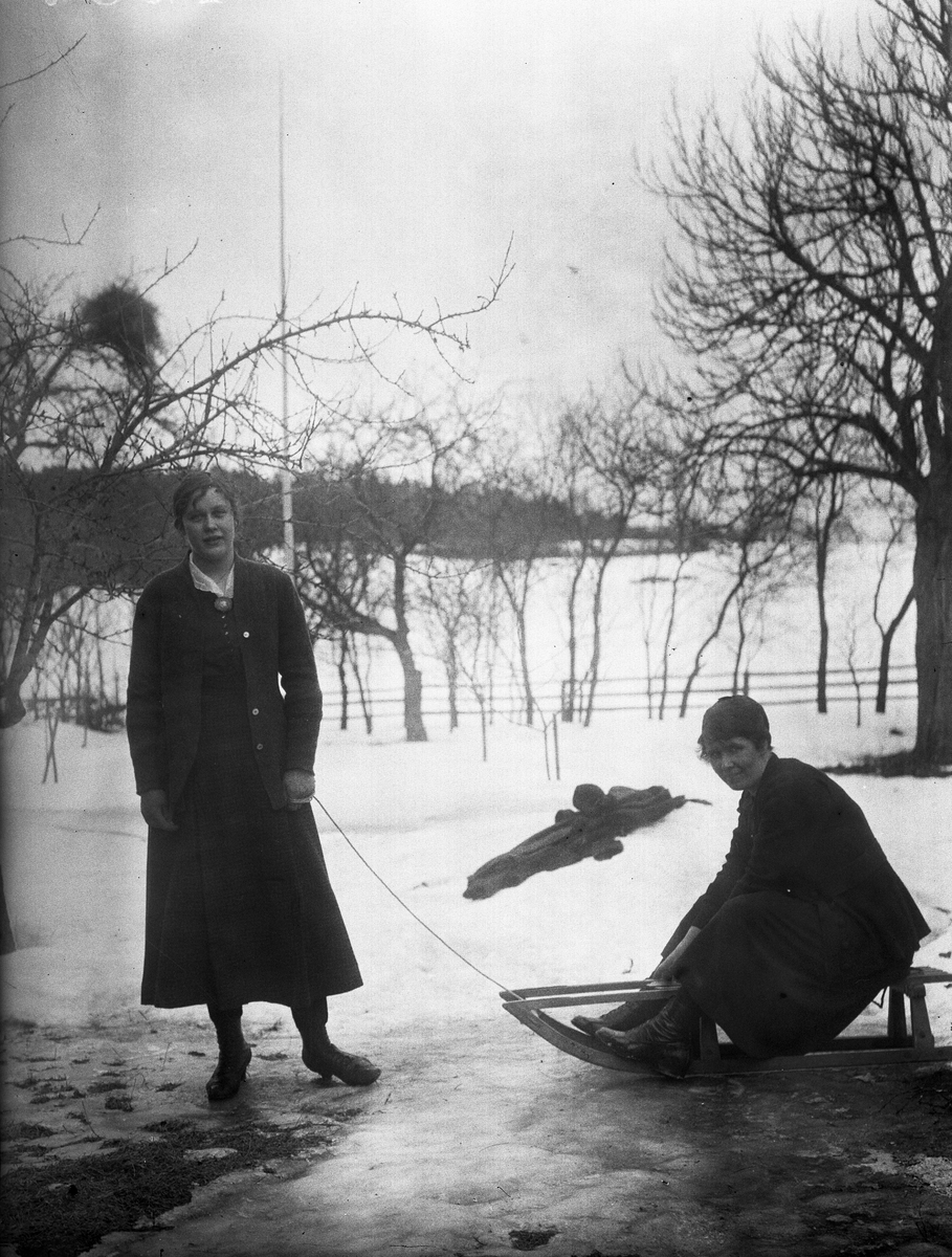Elin Västberg på kälken och Lilly Väster drar, Uppland 1919