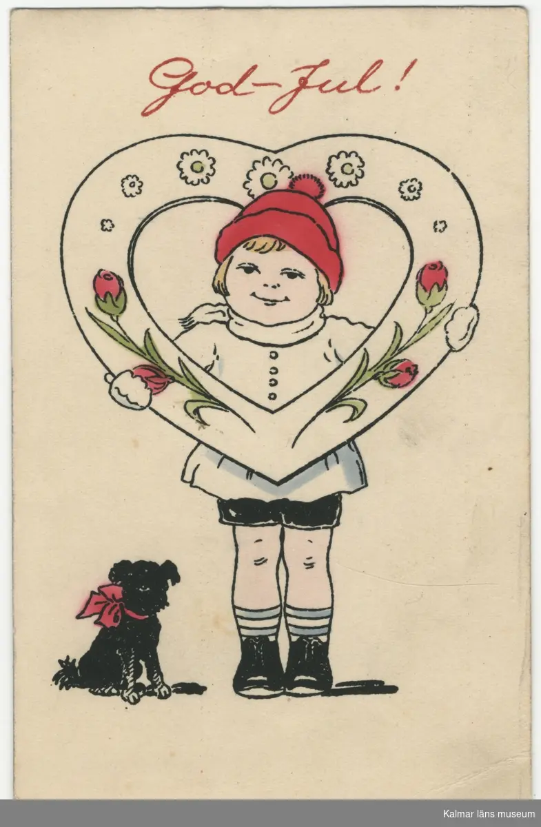 Vit botten, en tomtenisse håller ett stort hjärta med blommor i kanten. Liten svart hund sitter bredvid.