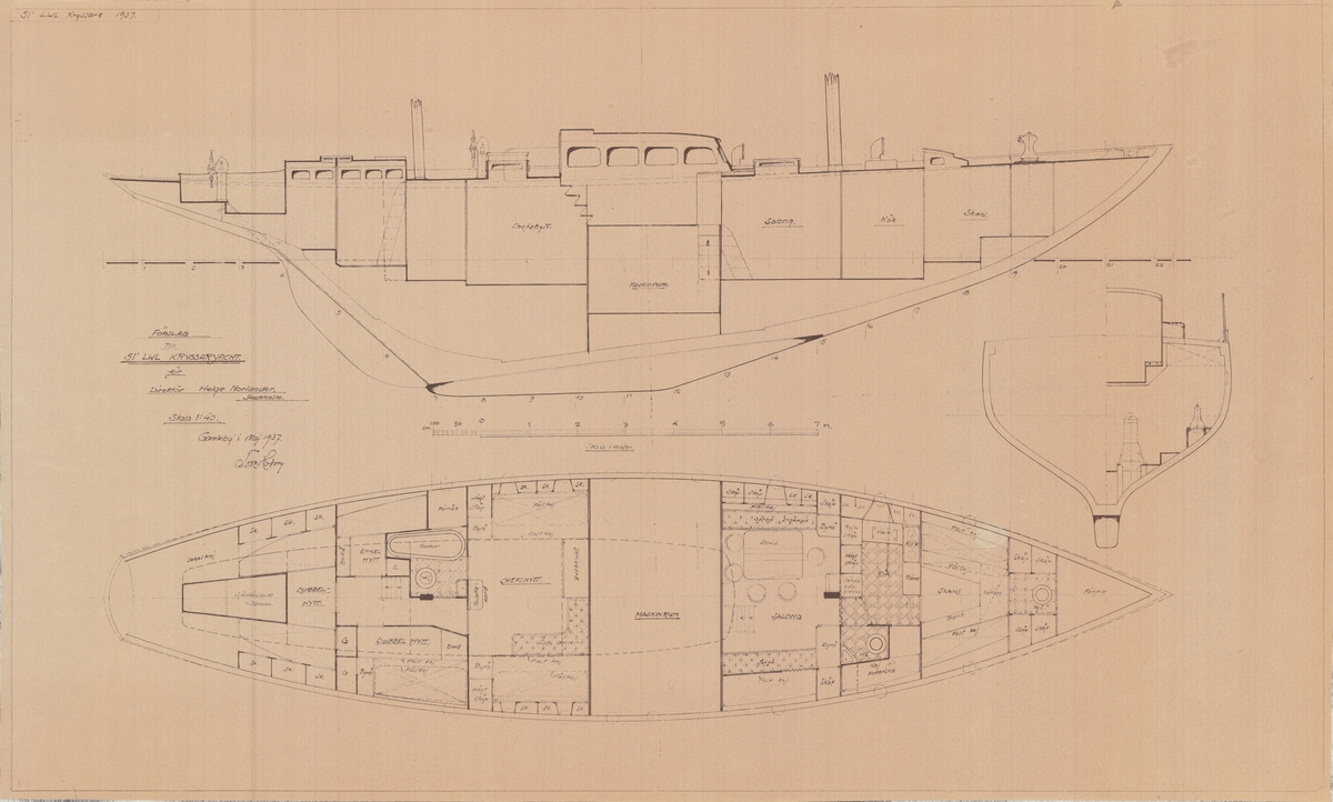 Förslag till 51' lwl kryssaryacht
Inredningsritning i profil, plan och sektion.