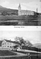 Prospektkort med teksten:  Eidsvaag Kirke.  Et todelt kort m