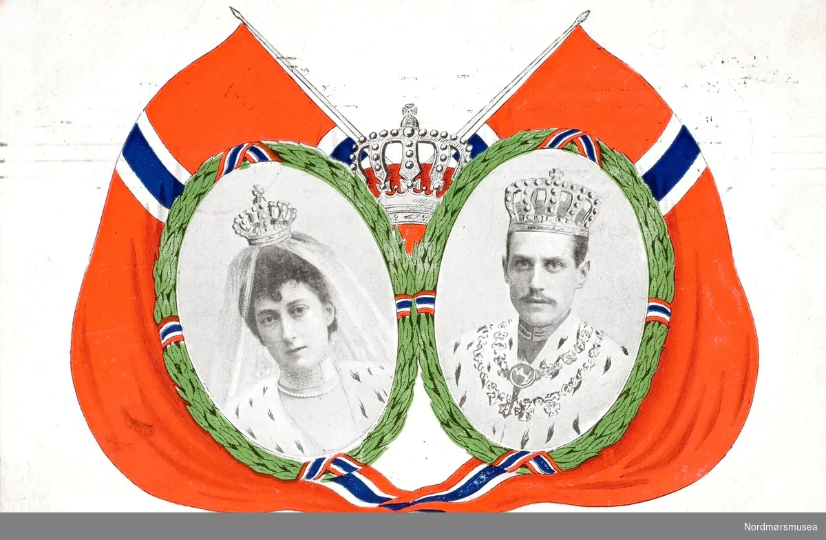 Postkort med motiv av Kong Haakon VII og Dronning Maud. Postkortet er stemplet 12. desember 1905. Fra Nordmøre museums fotosamlinger. /Reg:EFR2013/
