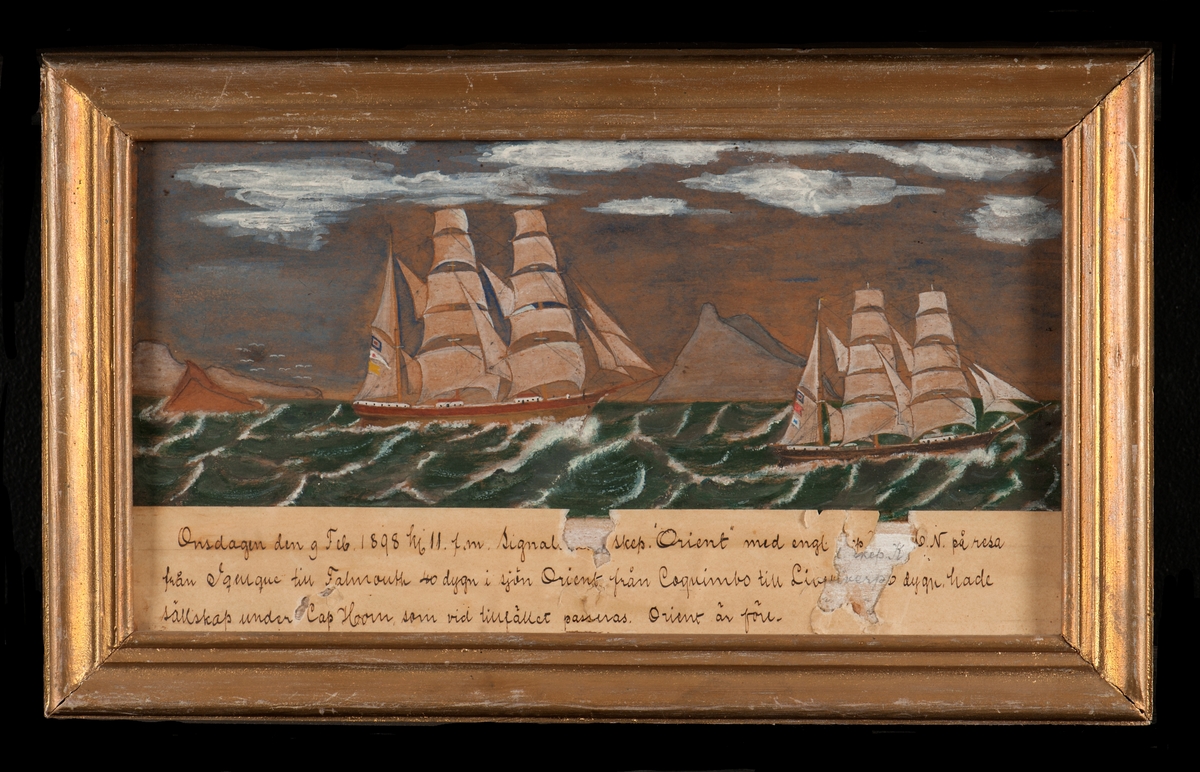 Barkskeppet "Orient" (tll höger i motivet) i sällskap med en engelsk bark (till vänster i motivet) passerande Kap Horn. Den engelska barken har signalen: W1Q, ORIENT: WBS