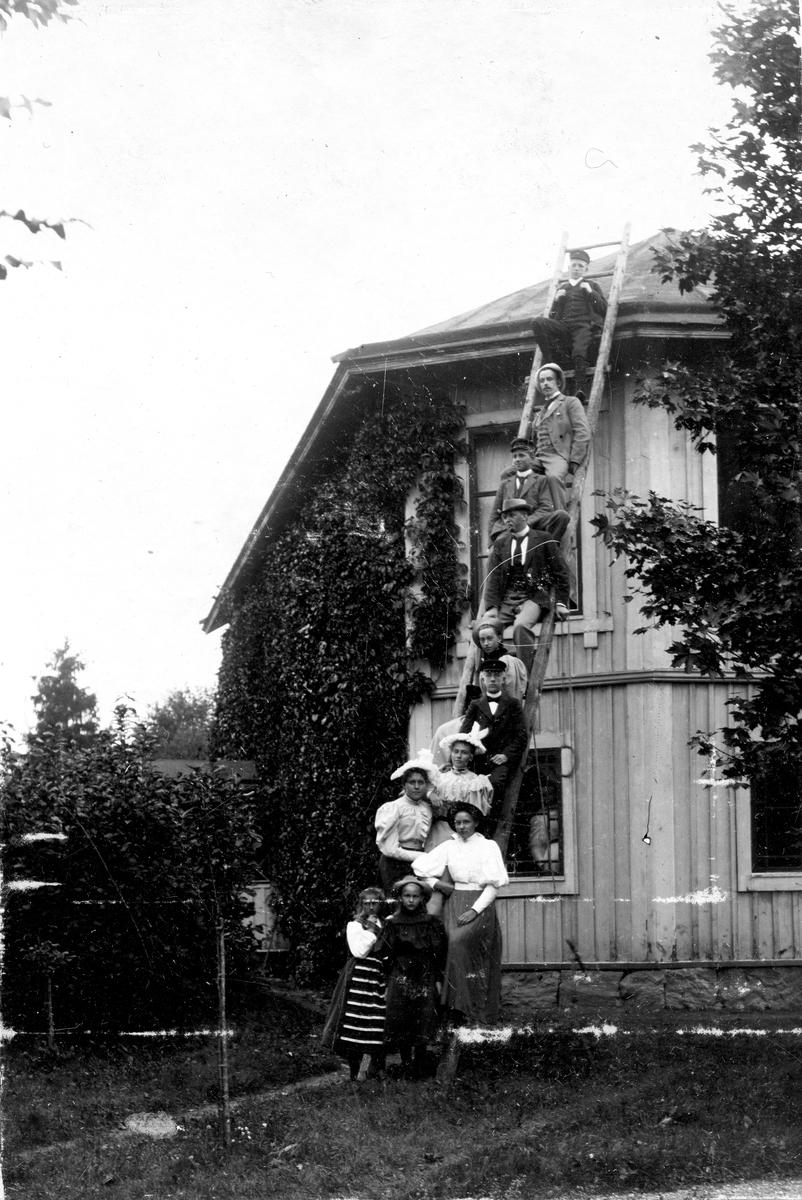 Fem kvinnor och sex män som sitter på en stege som står upprest mot en villa. Fotograf Alfred Bergendahl. Givare H Bergendahl.