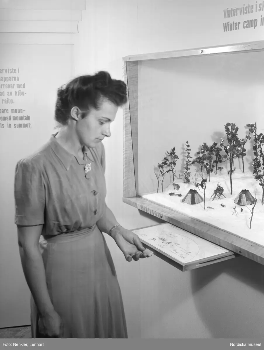 Vistemodell med utdragbar textskiva; fjällsamiskt vinterviste. En kvinna betraktar modellen utförd av Runo Lette. Skådesamlingens nymontering från 1947.
