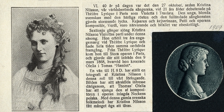 Foto av artikel angående Christina Nilsson. 
Vid höger sida finns det en medalj med Christina Nilsson på.
