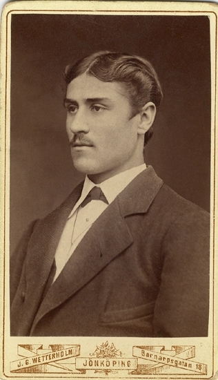 Porträtt (bröstbild, halvprofil) av en okänd ung man med mustasch, iklädd mörk kavaj, vit skjorta och mörk fluga/spännhalsduk. 

Troligen seminarist.