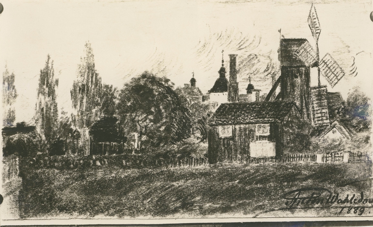 Teckning av Anton Wahledow i hans hus vid Esplanaden 1889.