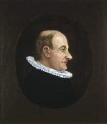 Portrett av eidsvollsmann og prest Georg B. Jersin  Mann med tynt hår, høy panne, profil, lang nese, prestekledd, innskrevet i oval.. Foto/Photo