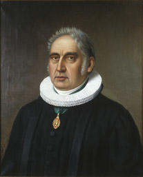 Portrett av Hans Jacob Stabel. Prestekjole og pipekrave. Medalje eller orden i grønt bånd rundt halsen.