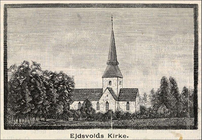 Et stikk av Eidsvoll kirke sett fra god avstand blant store trær