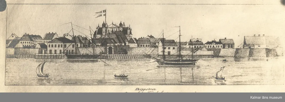 Litografi från 1840 där man ser domkyrkan och skepp.
Det står i den underställda texten: "Skeppsbron.  Tagen från Tjärhofvet 1841."