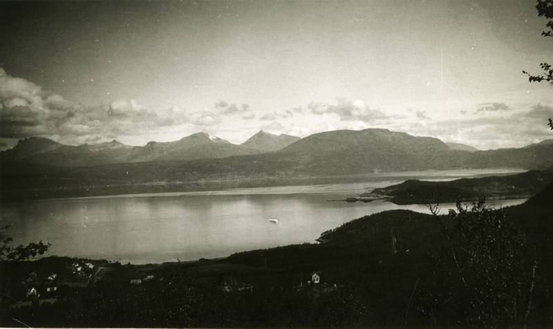 Narvik - Nattbilde og Ofotfjorden med Orneshaugen og Øyjordtangen til venstre og Taraldsvik i fjorgrunnen.  Foto: Trygve Romsloe.