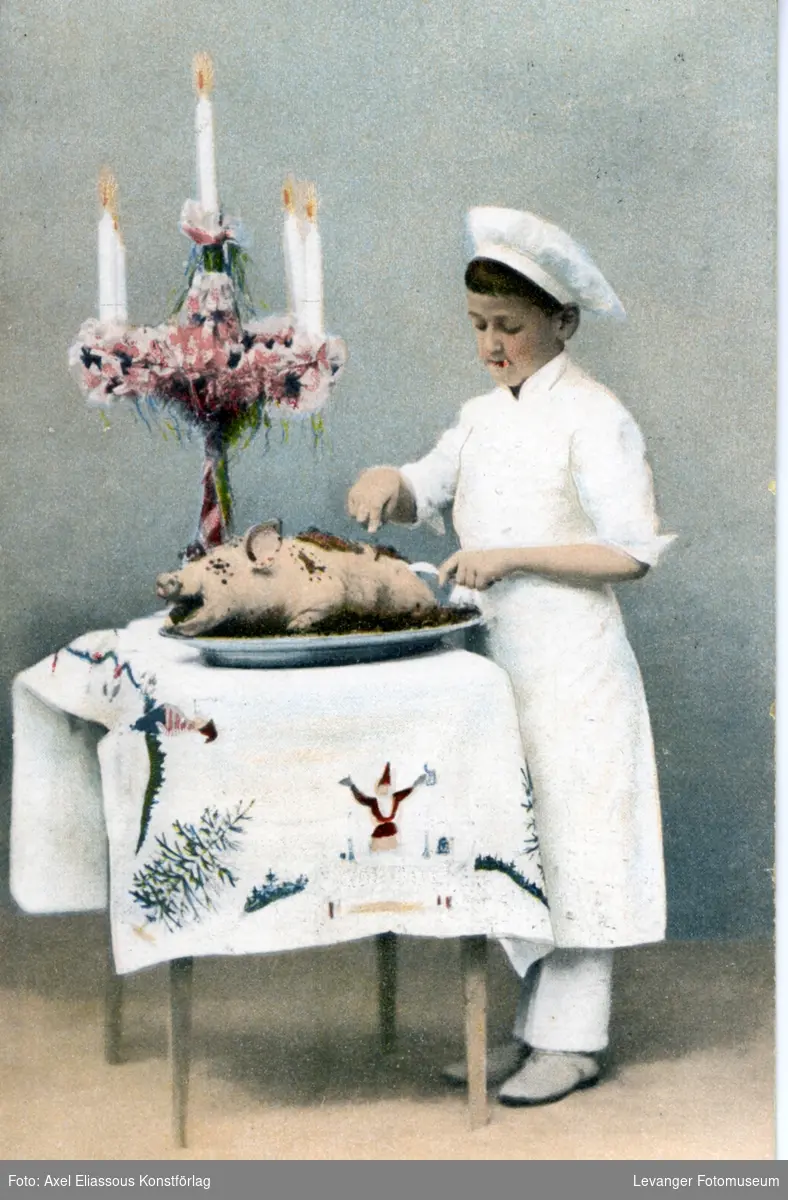 Postkort, kokk med helstekt gris.