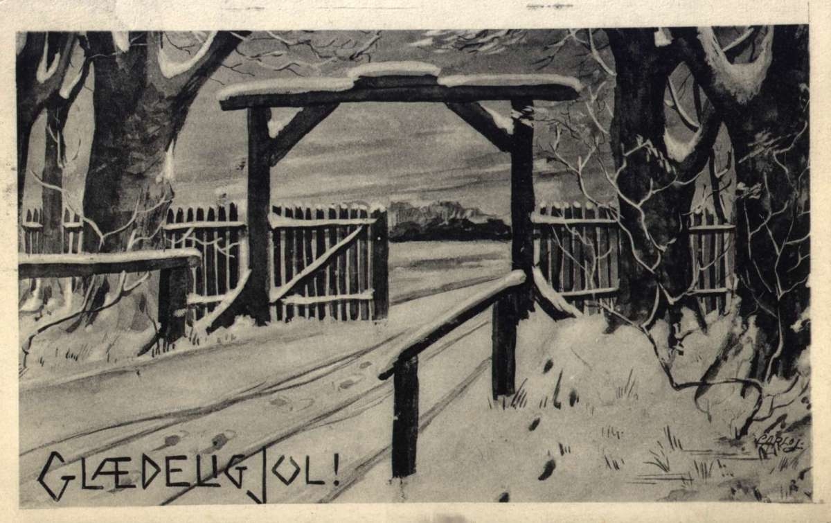 Julekort. Jule-og nyttårshilsen. Vinterlandskap med vei og sledespor. 20.12.1908.