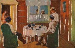 Julekort. Jule-og nyttårshilsen. Tre personer rundt et bord 