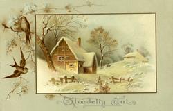 Julekort. Vintermotiv. Fugler og blomster rundt et landskaps