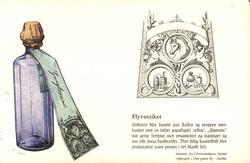 Postkort. Medisinflaske,  med dekor på bånd kalt flyveetiket