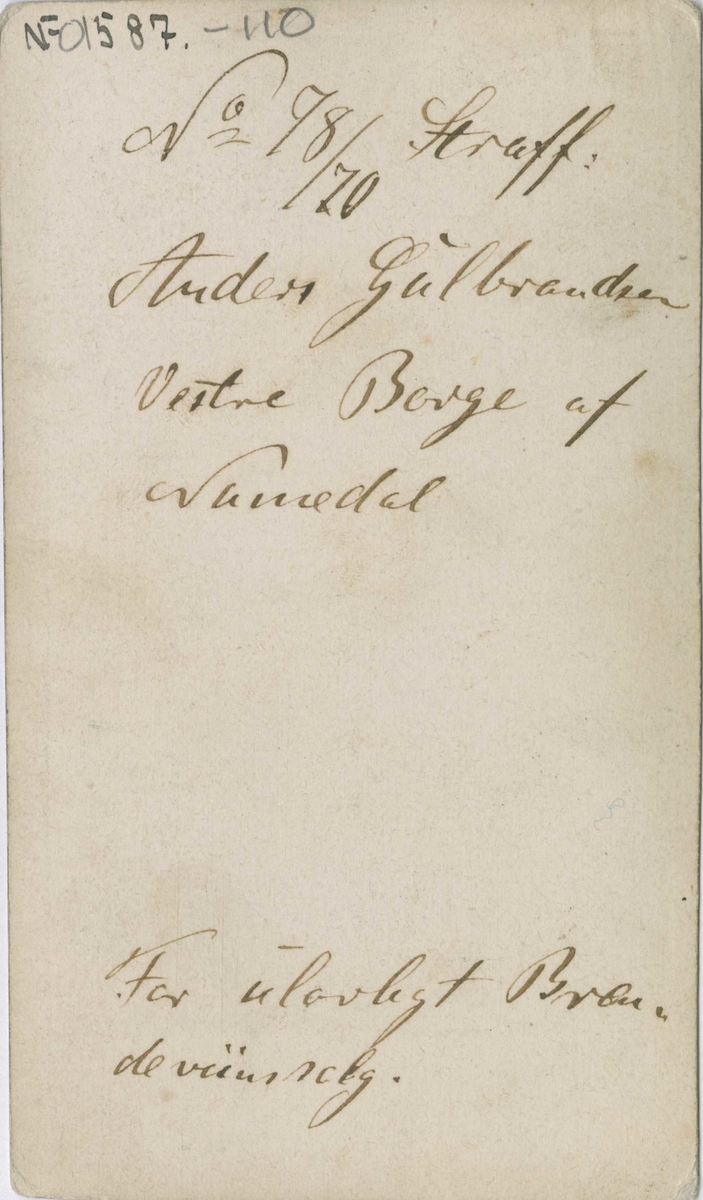 Fangeportrett. Anders Gulbrandsen, Vestre Berge, Numedal, arrestert i 1870, innsatt i distriktsfengslet i Hokksund for ulovlig brennevinssalg.