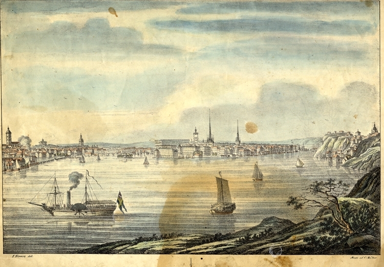 Handkolorerad litografi. 
Utsikt över Stockholm, från Långholmen.