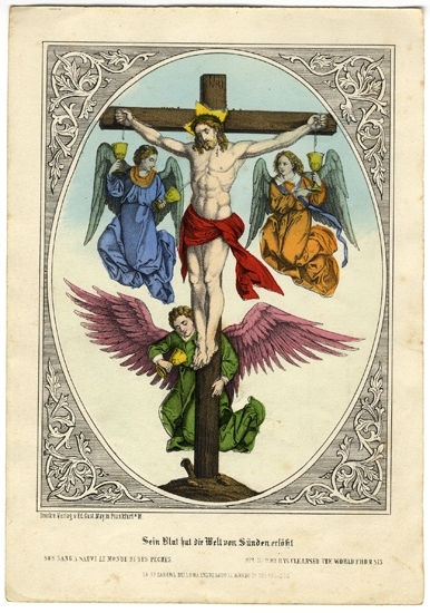 Färglitografi.
Jesus på korset.
Nedtill text på tyska, franska och engelska.