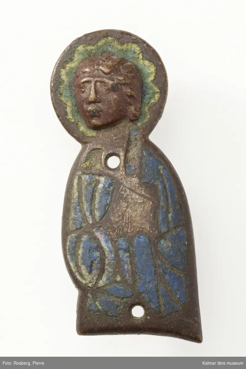 Antingen Mariabild eller Johannesbild, figur med gloria, klädd i blått.
