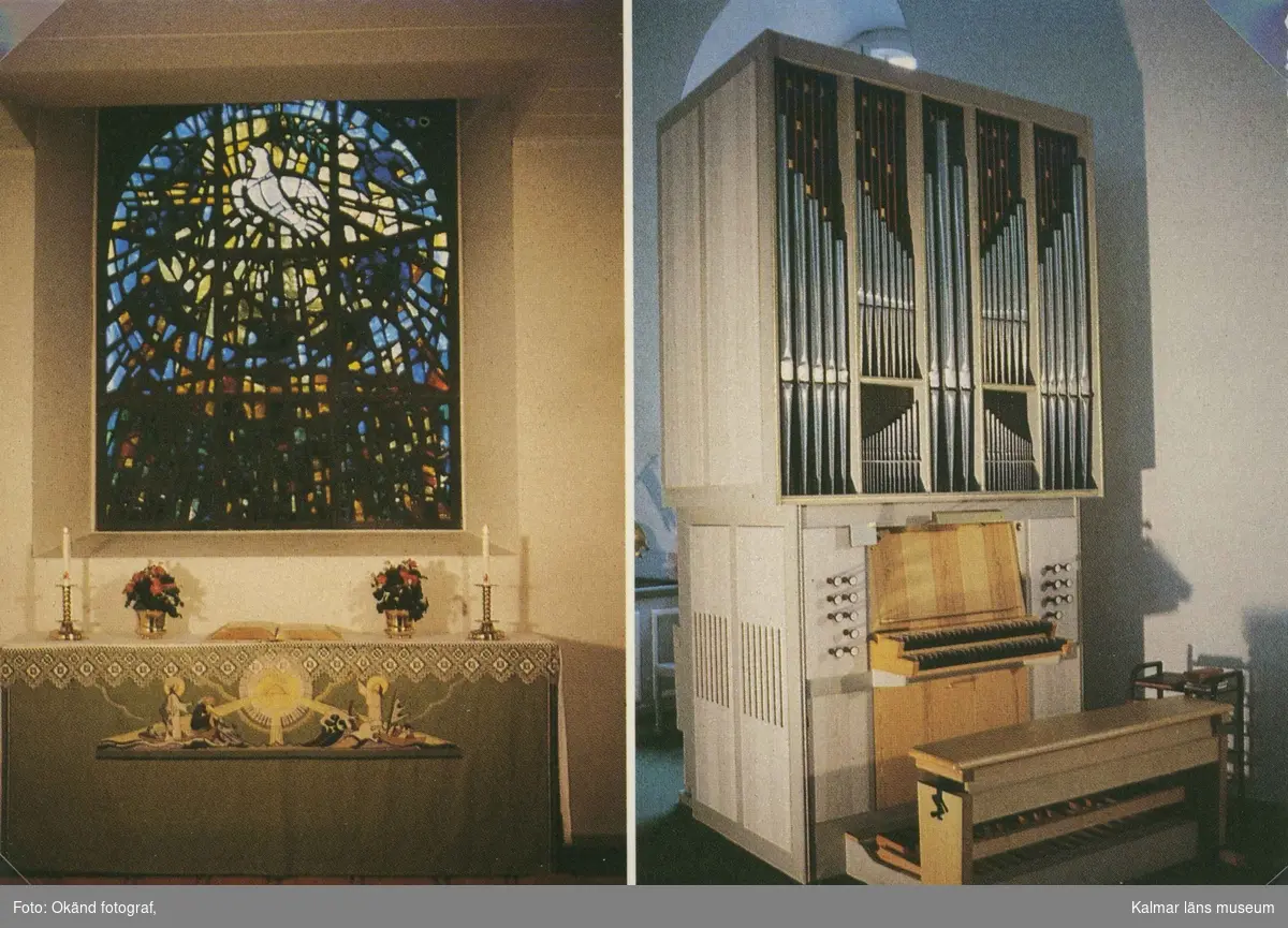 Interiör från Gamleby kyrka. Altaret till vänster och orgeln från Mårtenssons orgelfabrik i Lund.