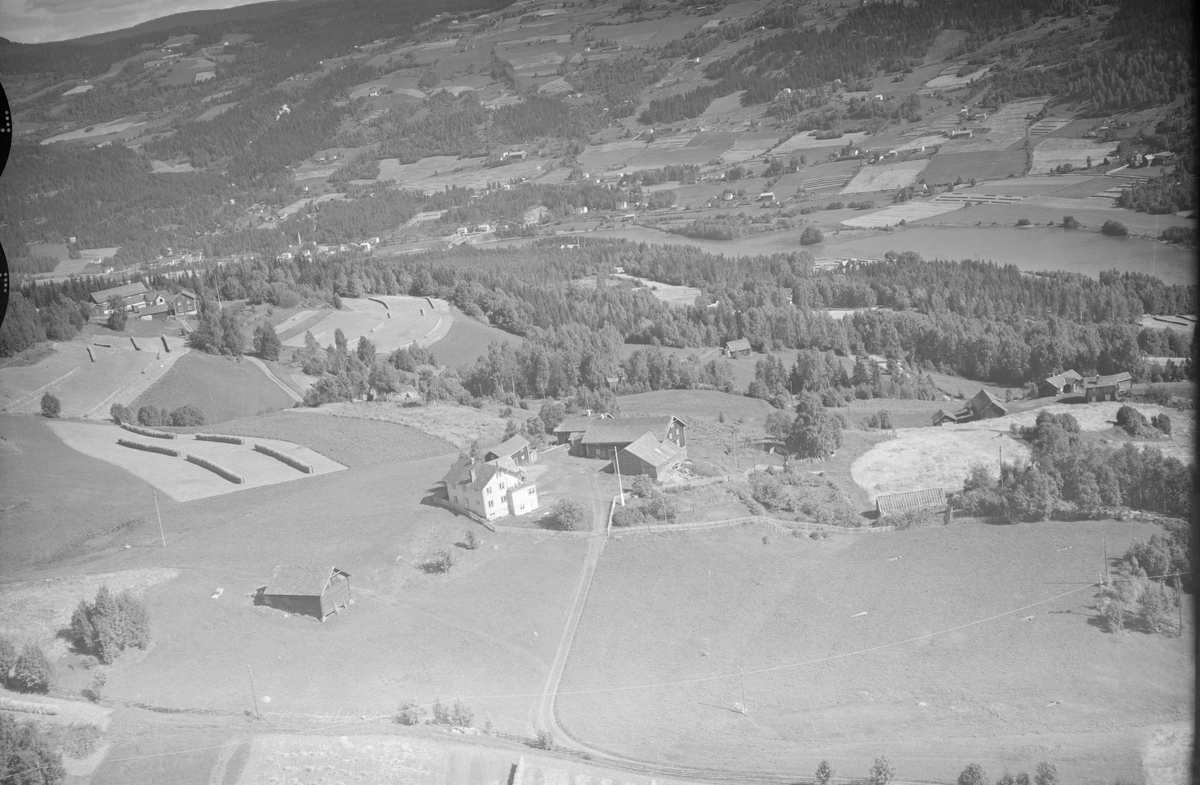 Holen og Holsbakken gård, Tretten (?), Øyer, 1953 i forgrunne., Skyberg gård i bak. Oversiktsbilde, jordbruk, slåttonn, hesjing, blandingsskog, Lågen, Tretten sentrum helt i bakgrunnen.
