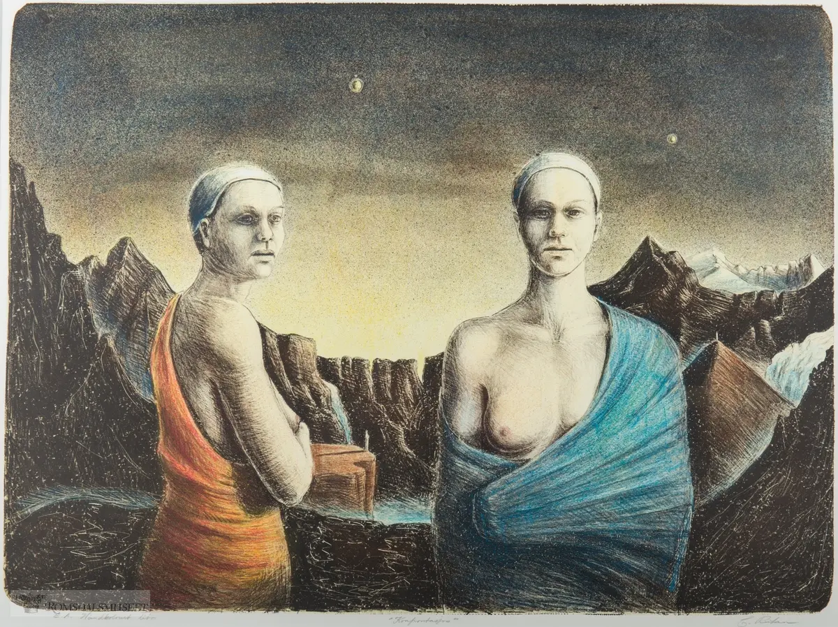 To kvinner i kjoler og hodeplagg i et goldt steinlandskap. Den ene har kjolen delvis trukket ned og har et eksponert bryst.
