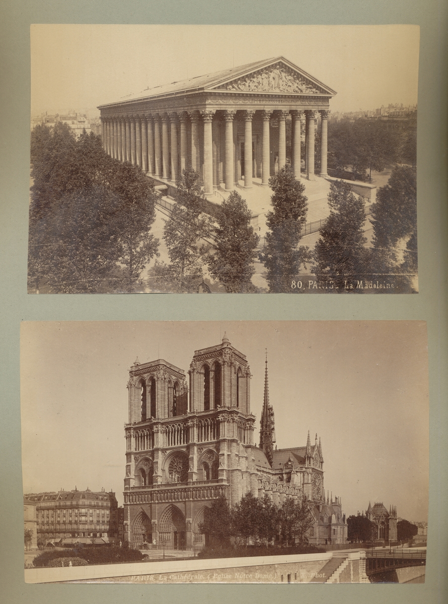 Postkort x2: La Madeleine, Paris / Notre Dame-kirken, Paris