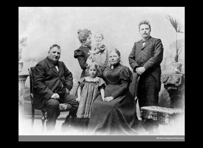 Family portrait. Ole M. Flagstad, Kirsten Flagstad, Anne Kristine Flagstad. Second row: Marie Flagstad, Ole Flagstad and Michael Flagstad.