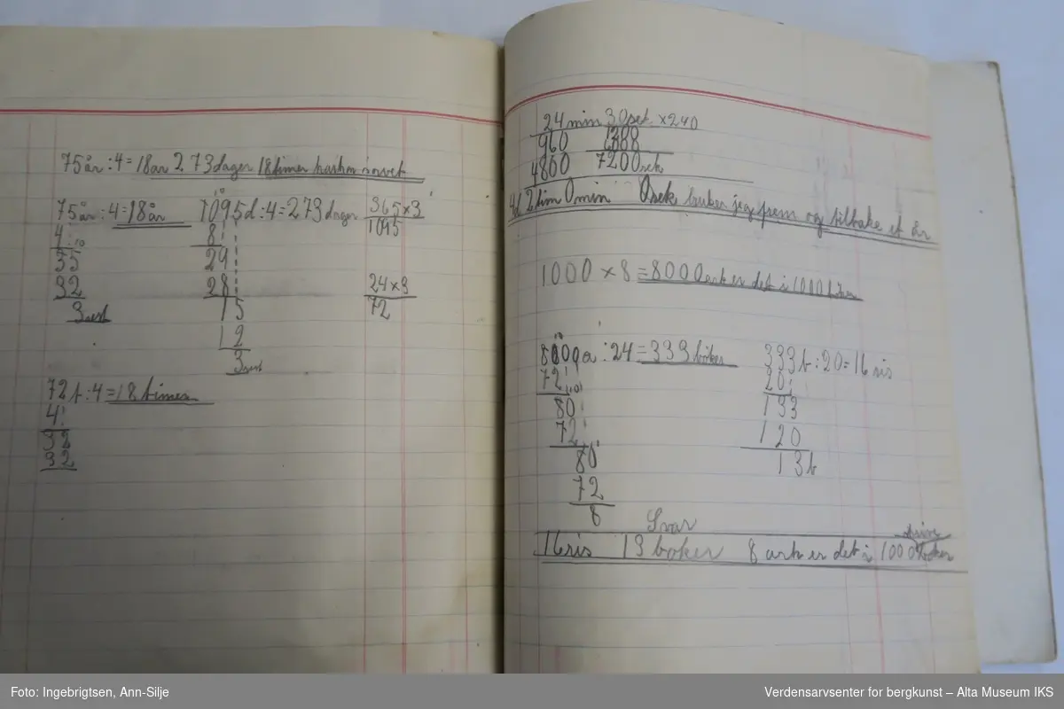 En notatbok med håndskrevet beretning, i tillegg til en oversikt over innkjøp. Lenger bak i notatboka ser det ut til at den også er brukt til matteoppgaver. Den er skrevet i med både sort penn og blyant.