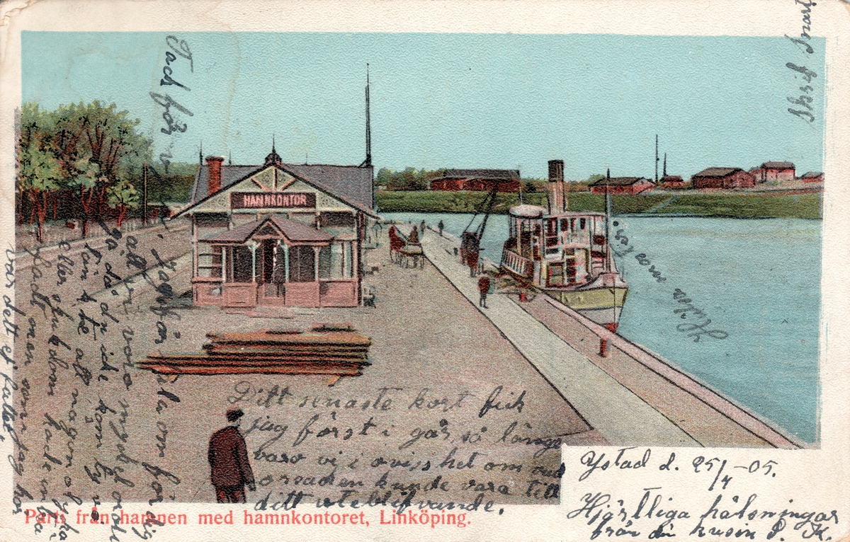Bildtext: Parti från hamnen med hamnkontoret, Linköping

Extern upplysning: Båten hette Ejo och trafikerade Roxen 1903-1918.