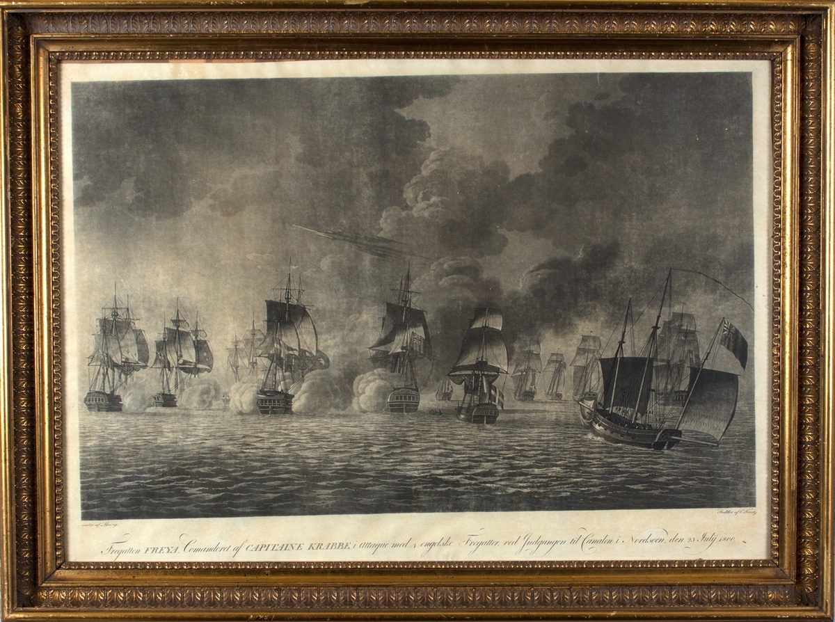 Fregatten FREYA kommandert av kaptein Krabbe i kamp med 4 engelske fregatten ved inngangen til kanalen i Nordsjøen den 25. july 1800.