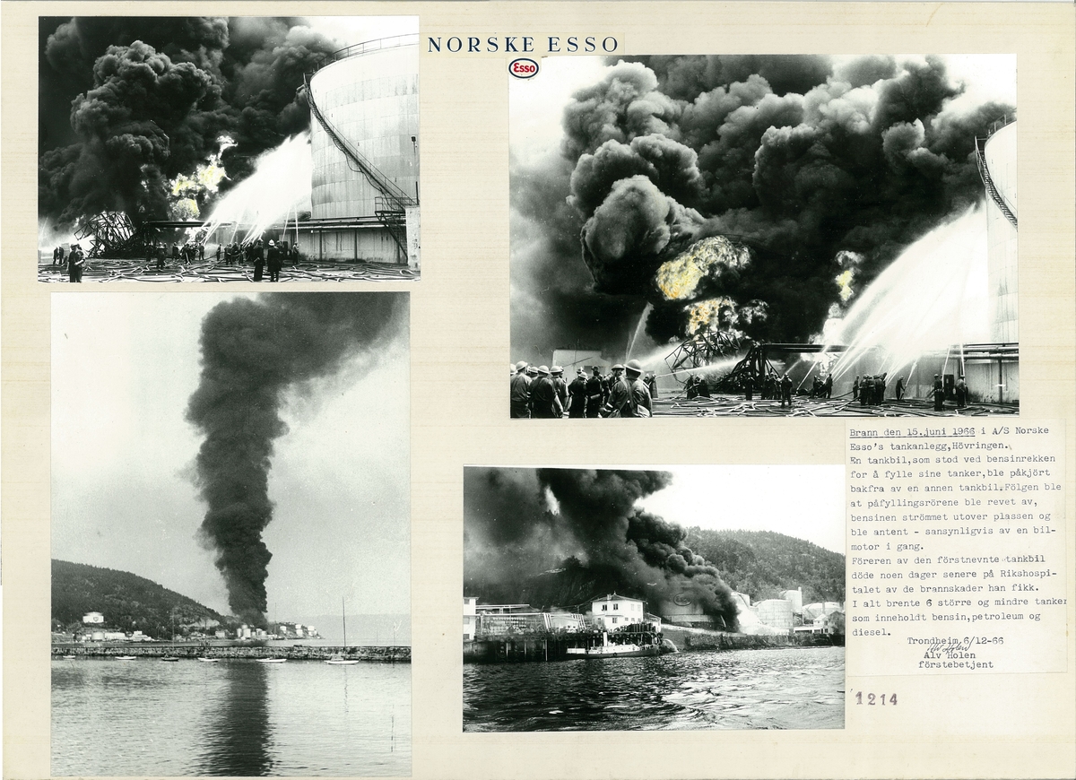 Fire foto som viser brannen i A/S Norske Essos tankanlegg, Høvringen i 1966.