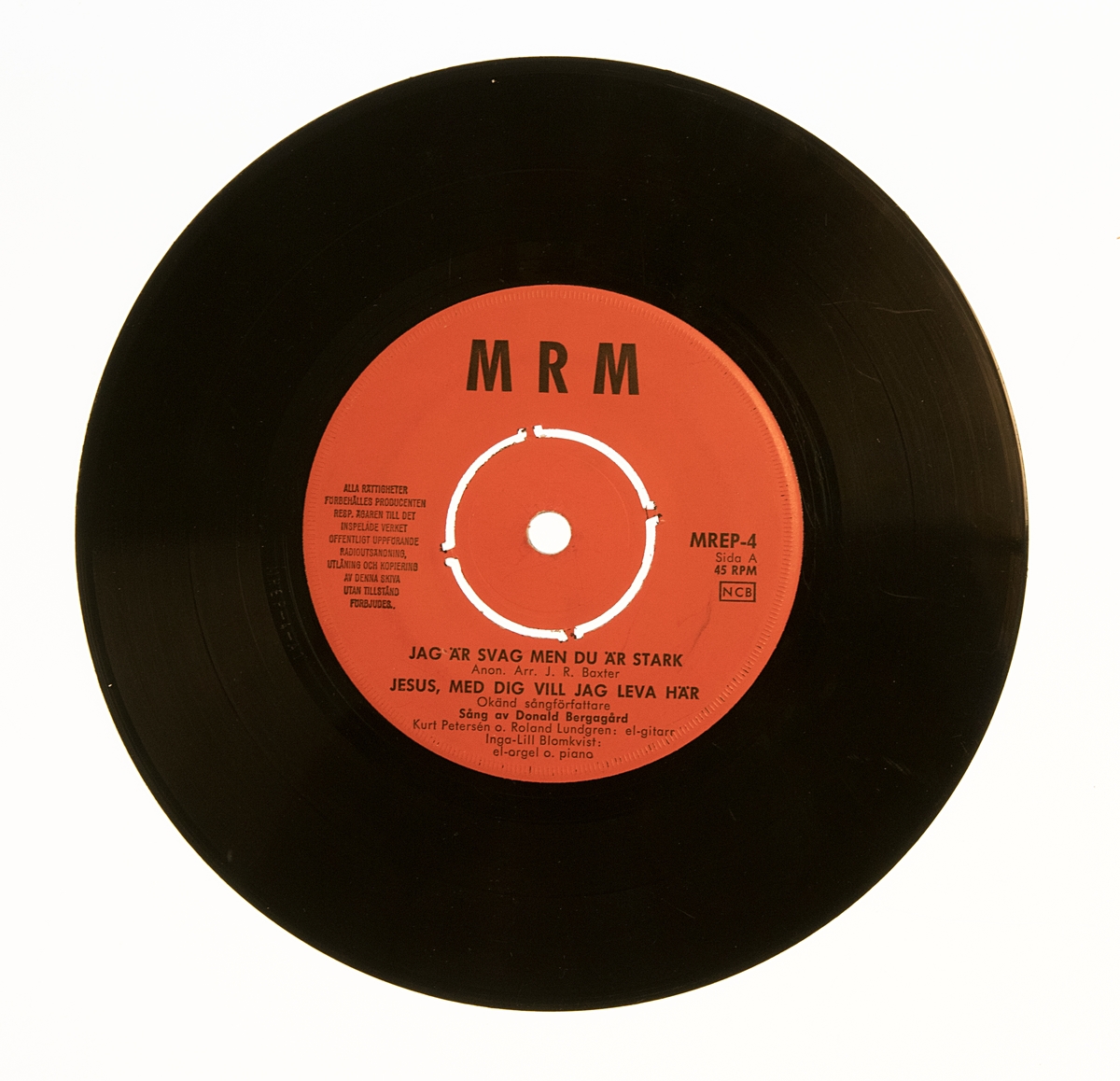EP-skiva av svart vinyl och röd pappersetikett med svart tryckt text, i omslag av blankt papper. Omslaget är tryckt i färgerna brunt, vitt, svart, gult. Framsidan har ett svart-gult fotografi av sångaren Donald Bergagård. Baksidan innehåller text om skivnytt från förlaget Midnattsropet.

:1 Singel-skiva, MREP-4, skivbolaget MRM
A-sidan innehåller melodierna/sångerna:
1. "Jag är svag men du är stark". Anon. Arr. J. R. Baxter. 
2. "Jesus, med dig vill jag leva här". Okänd sångförfattare; Sång av Donald Bergagård; Kurt Petersén och Roland Lundgren: el-gitarr; Inga-Lill Blomkvist: elgitarr och piano.

B-sidan innehåller melodierna/sångerna:
1. "Vi har ett underbart hem". Negro spiritual. Sv. text: Donald Bergagård. 
2. Jesus är densamme". Sally Bill; Sång av Donald Bergagård; Kurt Petersén och Roland Lundgren: elgitarr; Inga-Lill Blomkvist: el-orgel.

:2 Omslag
Tryckt hos Sävsjö-Tryckeriet AB, 129763.