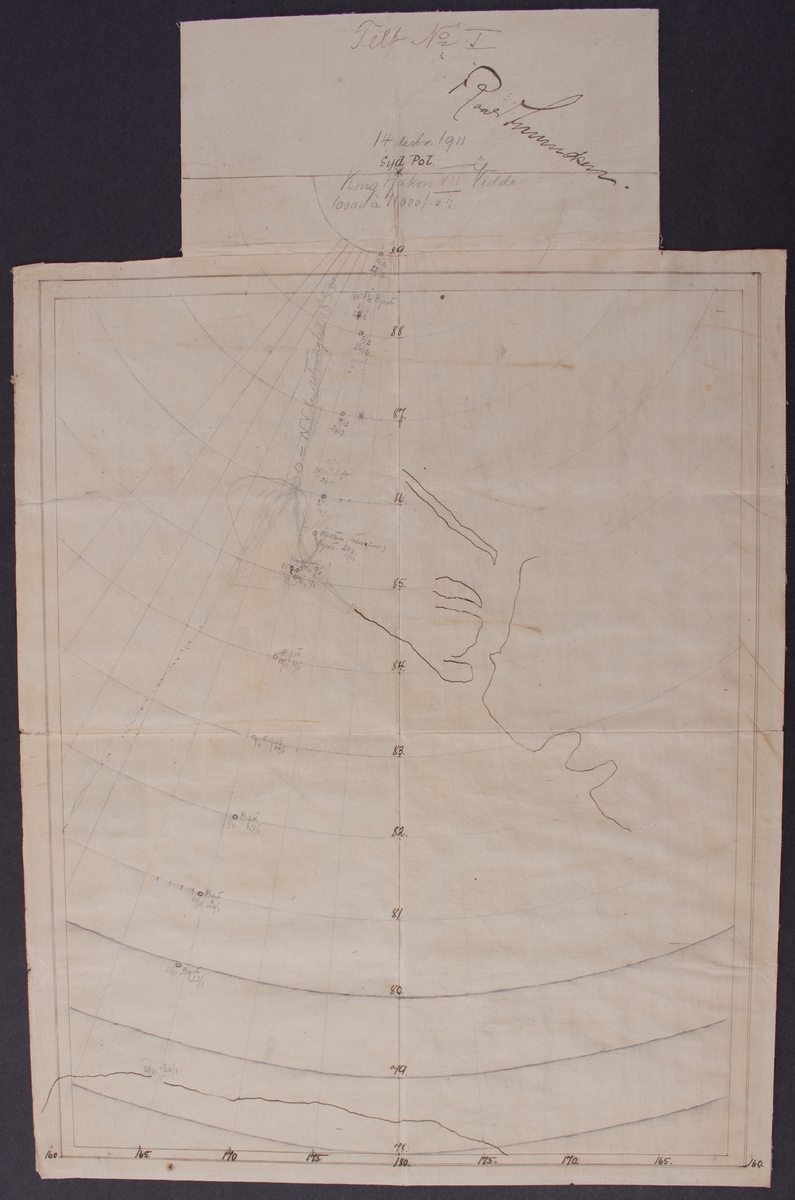 Roald Amundsen depot- og rutekart med dato og posisjoner fra Sydpolekspedisjonen, i ramme og glass.