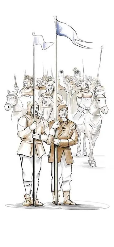 Tegning av middelalderhær med riddere til hest og to fotfolk som bærer flagg foran.