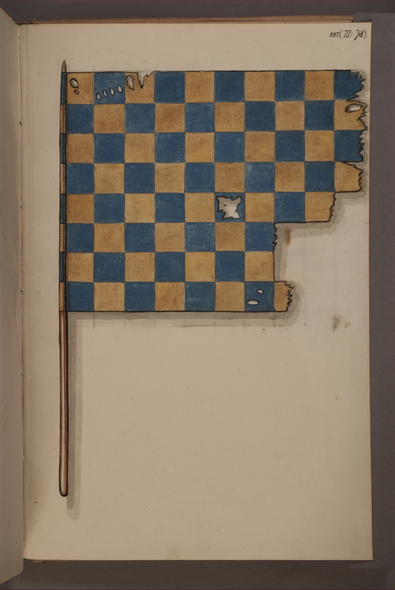 Avbildning i gouache föreställande fälttecken taget som trofé av svenska armén. Den avbildade fanan finns inte bevarad i Armémuseums samling.