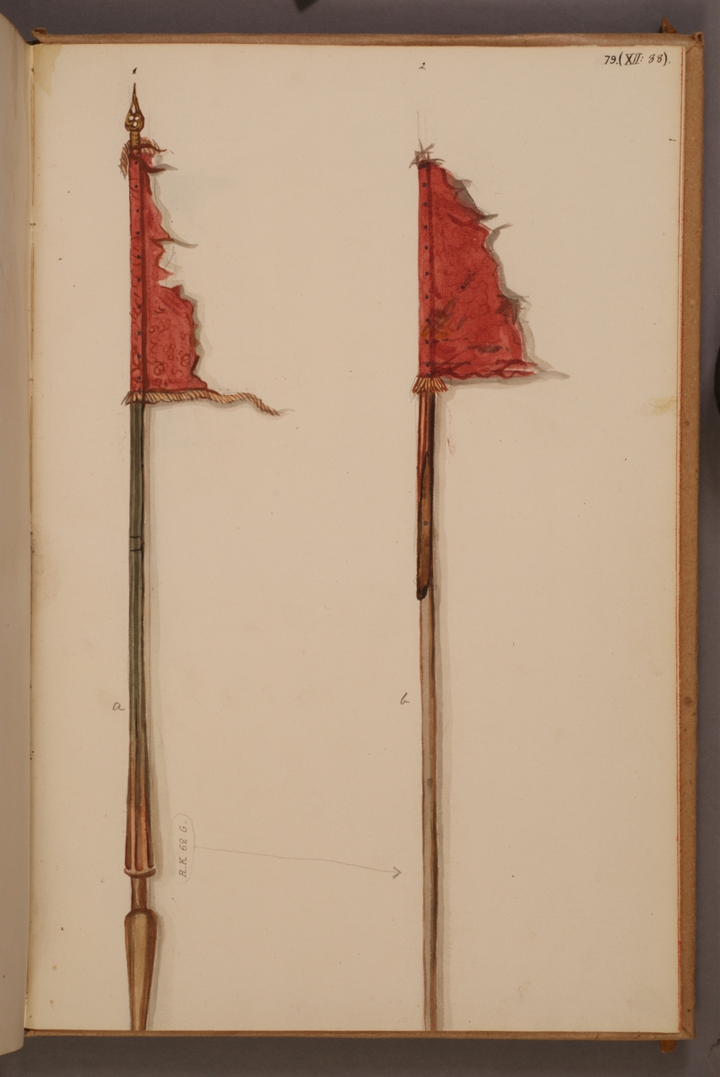 Avbildning i gouache föreställande fälttecken tagna som troféer av svenska armén. Standaret till höger i bild finns bevarat i Armémuseums samling, för mer information, se relaterade objekt.