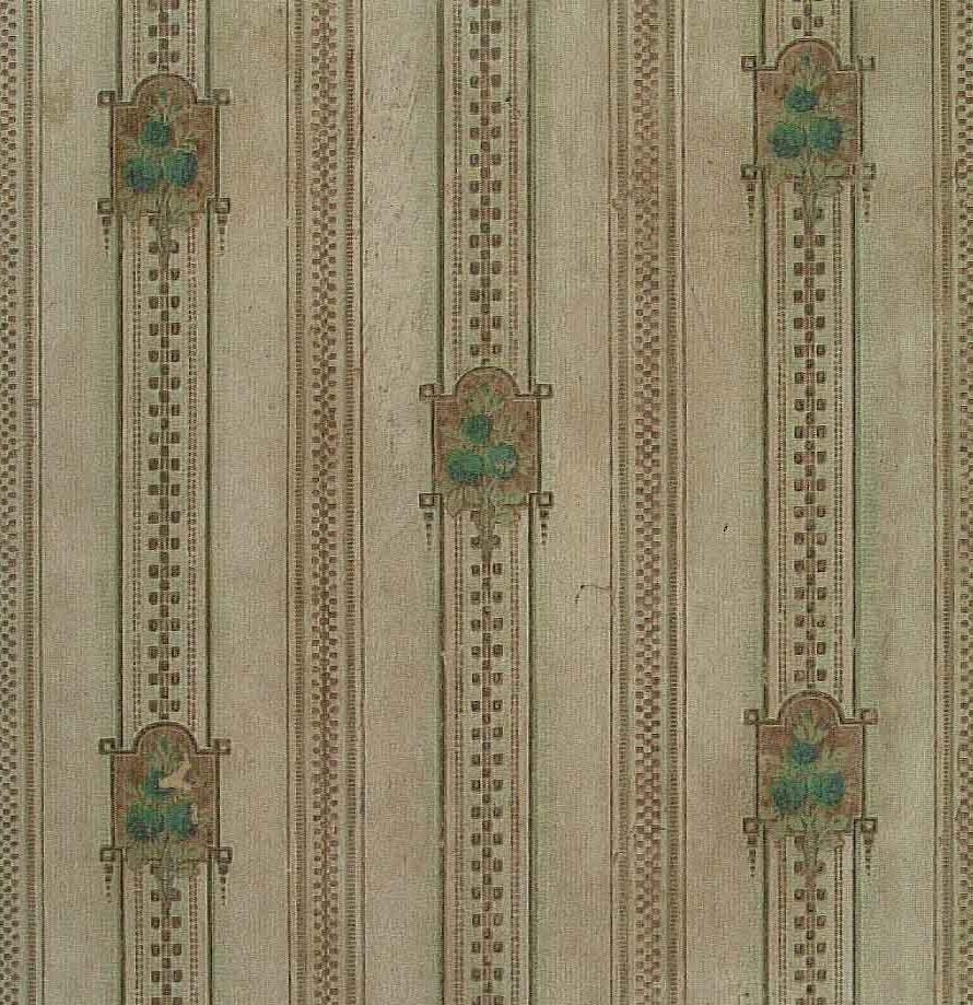 Randmönster med wienerjugend-ornamentik i diagonalupprepning. Tryck i brunt samt i tre ljusgröna nyanser.