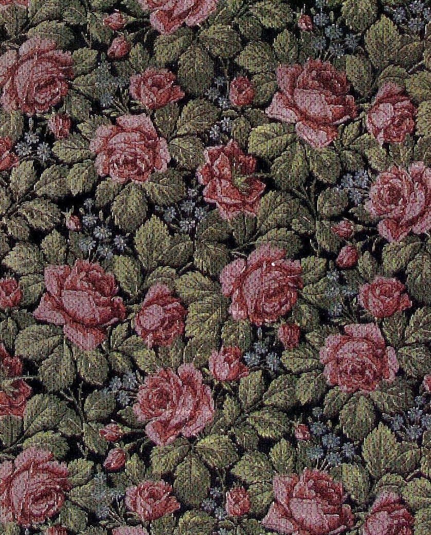 Ett tätt ytfyllande rosenmönster med förgätmigej i två rosa, två ljusblå och två gulgröna nyanser på en svart bakgrund. Textilimiterande.



Tillägg historik:
Tapet upphittad på vinden på Brunsta gård i Bettna. Gården är från 1850-talet.