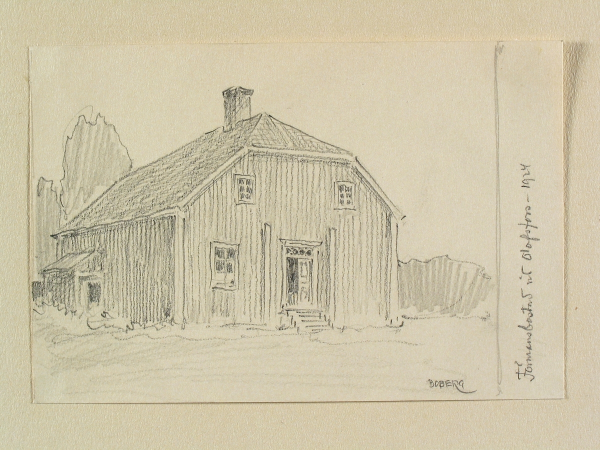 Teckning av Ferdinand Boberg. Dalarna, Norrbärke sn., Olofsfors.

Avbildar troligtvis Enkhuset i Olofsfors i Ångermanland.