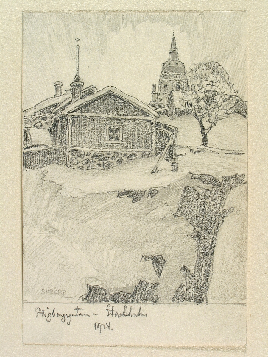 Stockholm, Södermalm Stigbergsgatan Stadsholmen.Teckning av Ferdinand Boberg.