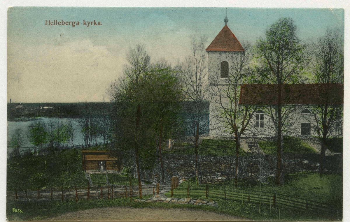 Ett kolorerat vykort med motiv från Hälleberga kyrka.