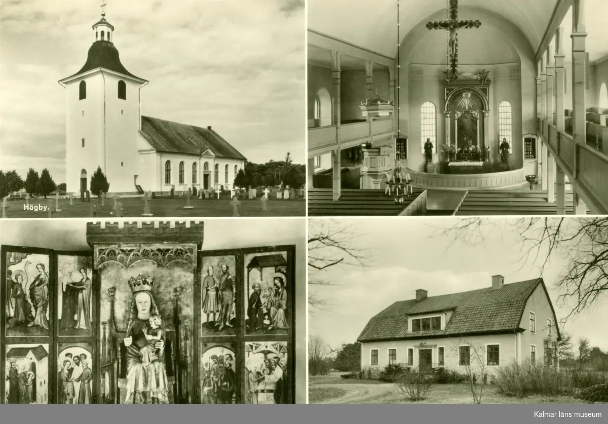 Vykort med motiv från Högby kyrka, ett altarskåp från 1300 talet, och prästgården.