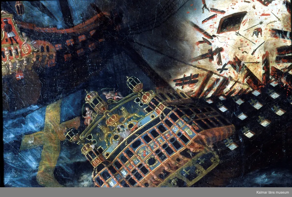 Kronan exploderar, oljemålning av Claus Möinichen, närbild aktern.