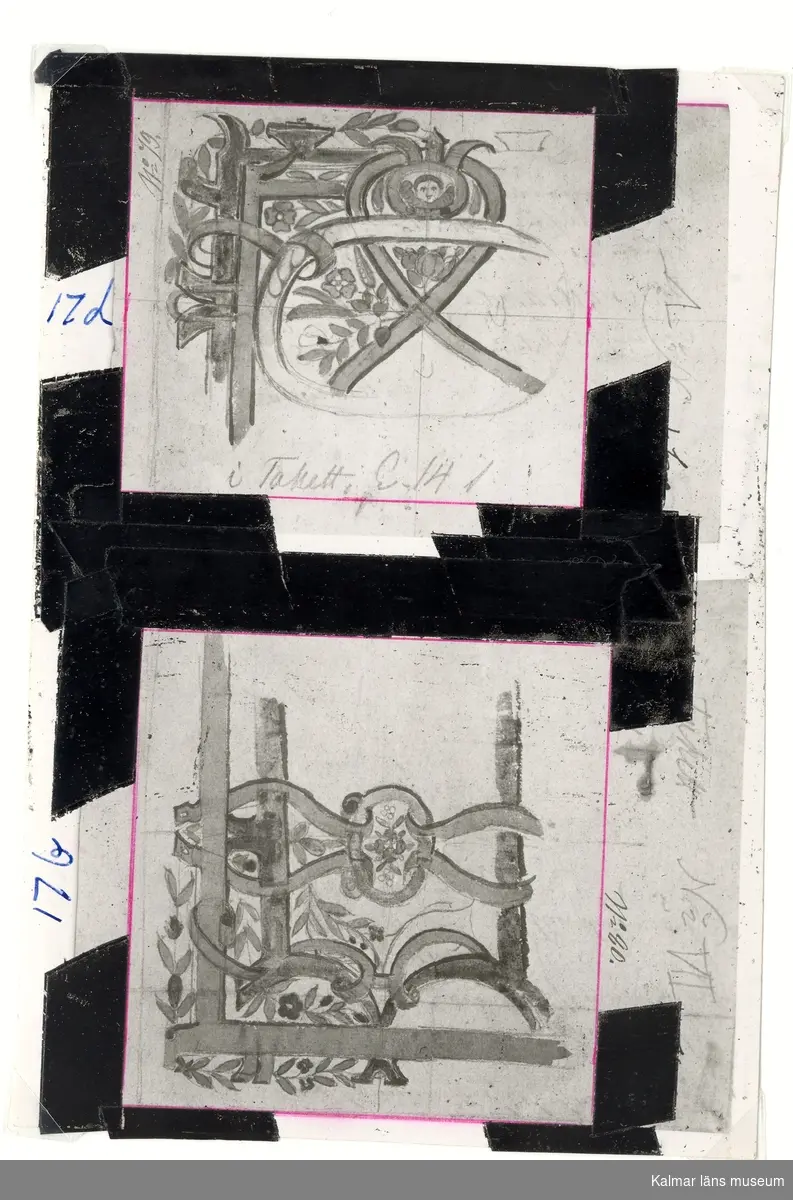 Kassettaket i Kungsmaket på Kalmar slott. Skisser av Nils Månsson Mandelgren 1848.
På vissa plåtar har Martin Olsson klistrat eltejp för att markera hur bilden skulle beskäras i boken.