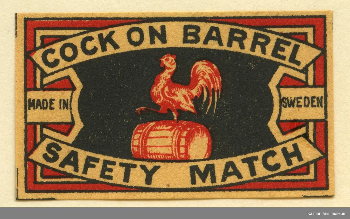 Tändsticksetikett från Mönsterås Tändsticksfabrik, "Cock on Barrel Safety Match"