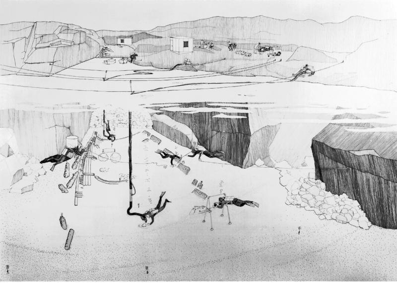 Svart-hvit tegning av utgravningen på Lossen i 1967.